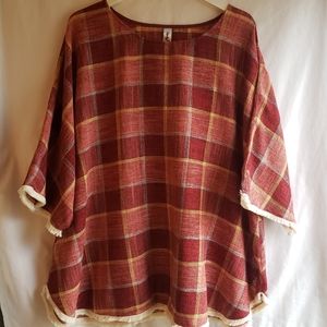 Perfectly Priscilla 2XL Short Sleeve Fringe Edge Top, Wine/Cream Checks pattern